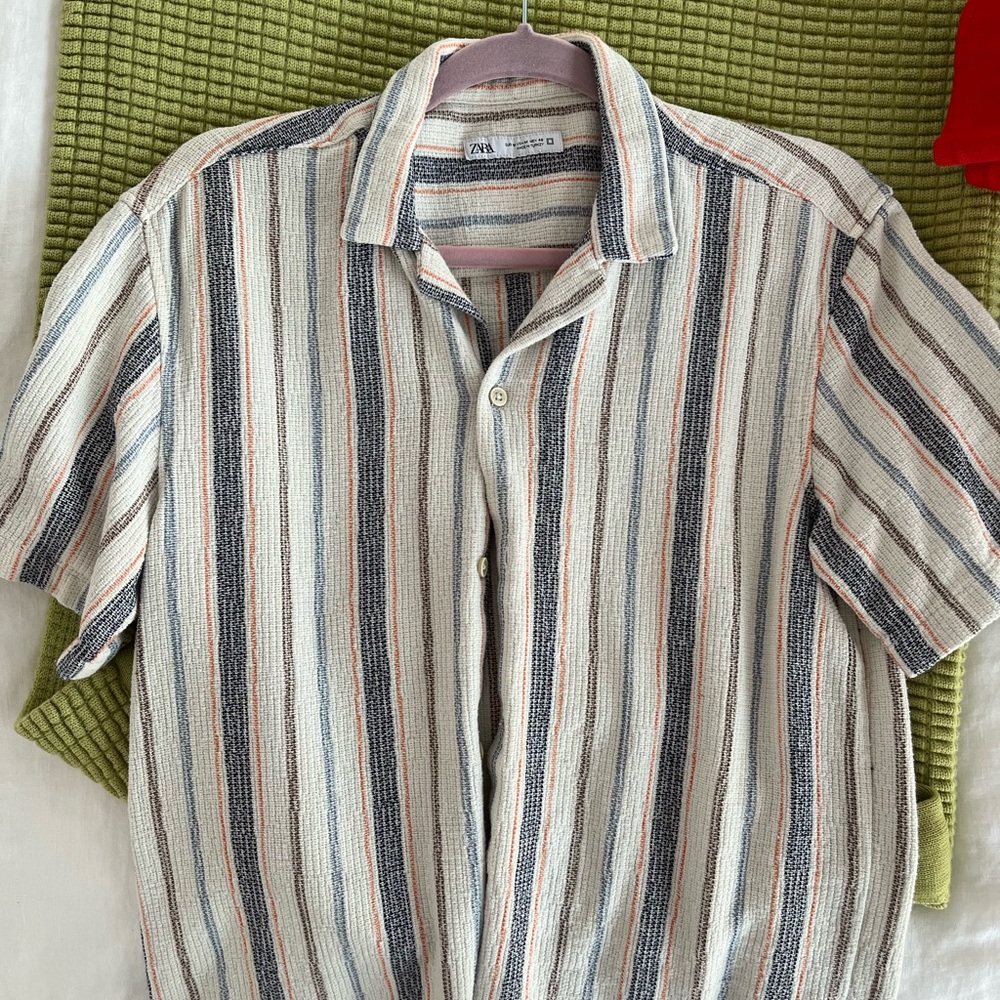 Zara Men's Multi-color Striped Shirt - White, Blue, Gray, and Orange